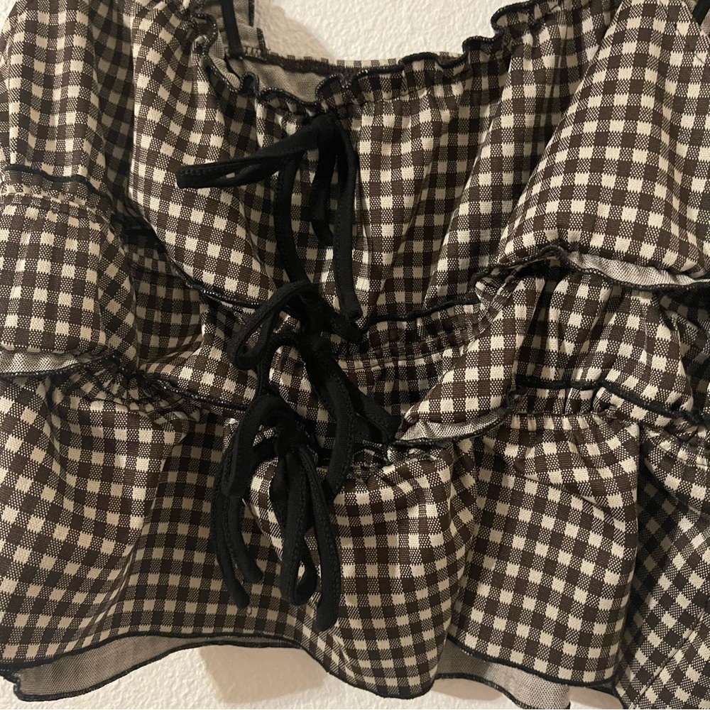 Cider Brown and White Womens Checkered Gingham Ruffle Blouse XL - Picture 2 of 9